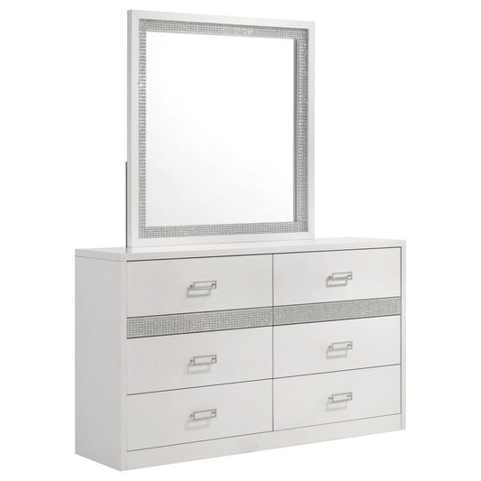 Viana 6-Drawer Bedroom Dresser with Beveled Mirror White High Gloss