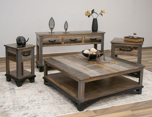 4 Drawer Cocktail Table - Loft Brown Pine Wood with Iron Hardware