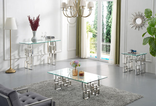 Alexis Glass Console Table - Modern Chrome Finish with Geometric Design for Stylish Living Room Décor
