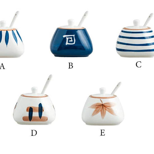 Japanese Hand Painted Ceramic Spice Jar with Spoon