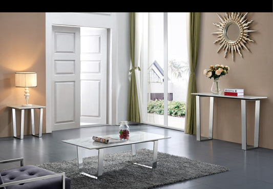 Carlton Contemporary Chrome Console Table with Solid Stone Top and Stainless Steel Legs, 48” W
