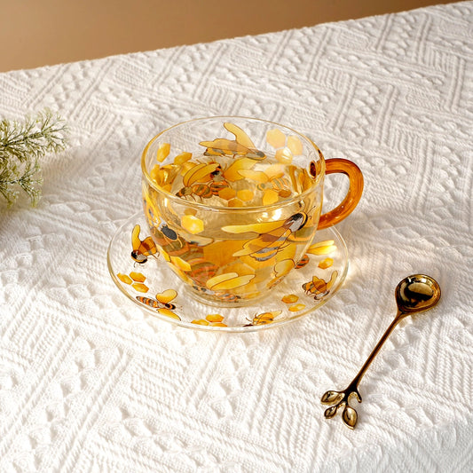 Honey Bee Glass Teacup & Saucer Set, 12 oz