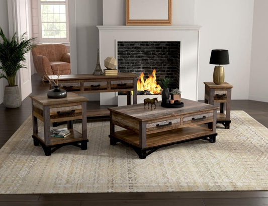 1 Drawer End Table - Loft Brown Pine Wood & Iron Hardware