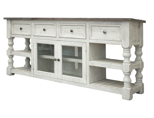 4 Drawer 2 Glass Doors 80" TV Stand - Farmhouse Chic Stone Collection