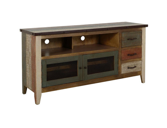 3 Drawer 2 Iron Mesh Doors TV Stand - Rustic Pine Wood