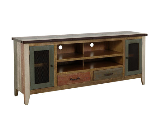 2 Drawer 2 Iron Mesh Doors 76" Rustic TV Stand - Antique Pine