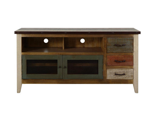 3 Drawer 2 Iron Mesh Doors TV Stand - Rustic Pine Wood