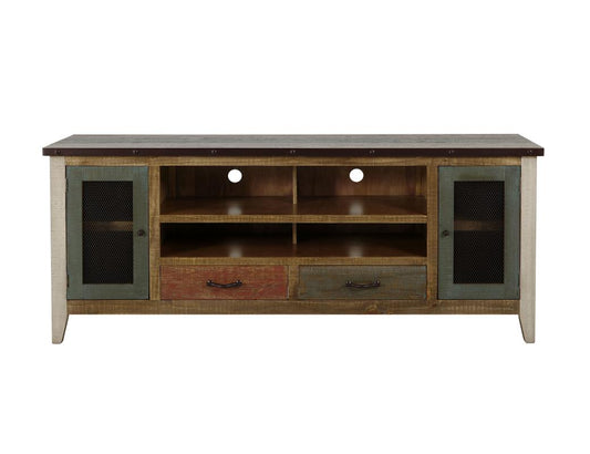 2 Drawer 2 Iron Mesh Doors 76" Rustic TV Stand - Antique Pine