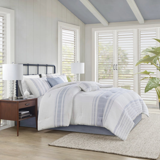 6 Piece Cotton Jacquard Oversized Comforter Set, White/Blue