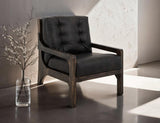 Balam Wooden Frame Armchair - Black Faux Leather Button Tufted