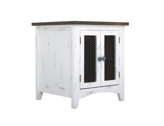 2 Metal Mesh Doors End Table | Pueblo White Rustic Pine