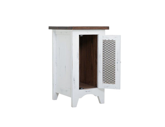 Pueblo White Metal Mesh Door Chairside Table - Solid Pine