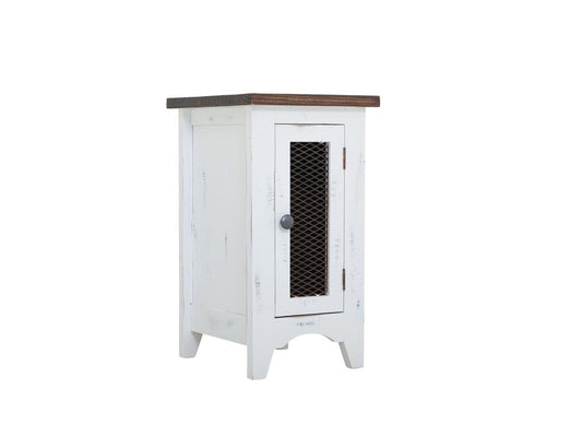 Pueblo White Metal Mesh Door Chairside Table - Solid Pine