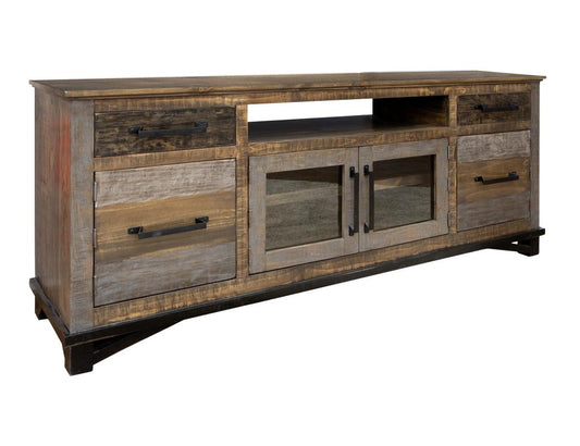 2 Drawer 4 Door 76" TV Stand - Loft Brown Pine Wood Collection