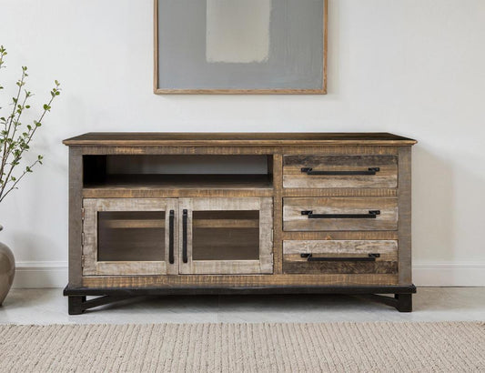 3 Drawer 2 Door 62 inch TV Stand - Loft Brown Pine Wood