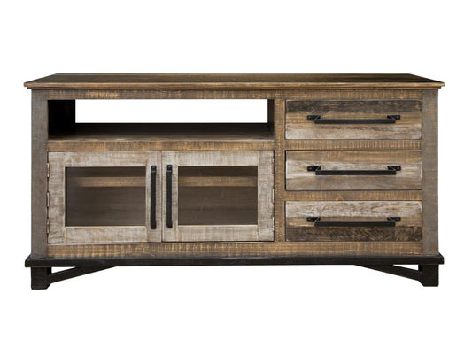 3 Drawer 2 Door 62 inch TV Stand - Loft Brown Pine Wood