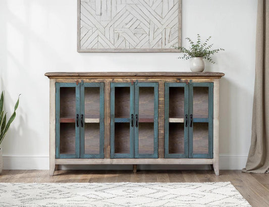 6 Glass Doors 73" Console - Antique Solid Pine Rustic Furniture