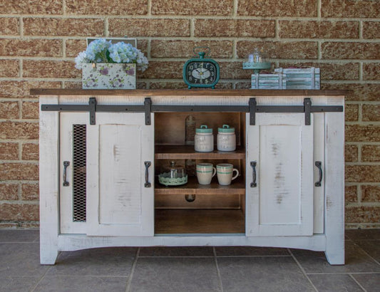 4 Door 60" TV Stand - Pueblo White Solid Pine Wood Collection