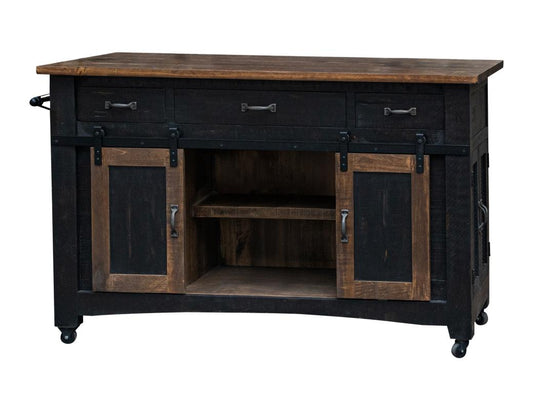 Pueblo Black 3 Drawer Kitchen Island - Solid Pine Wood