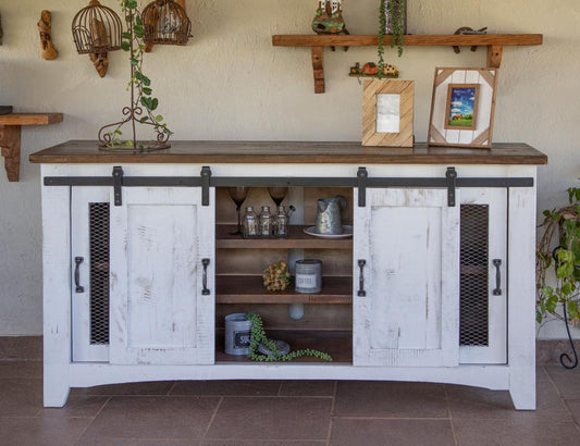 4 Door 70" TV Stand - Pueblo White Solid Pine Wood