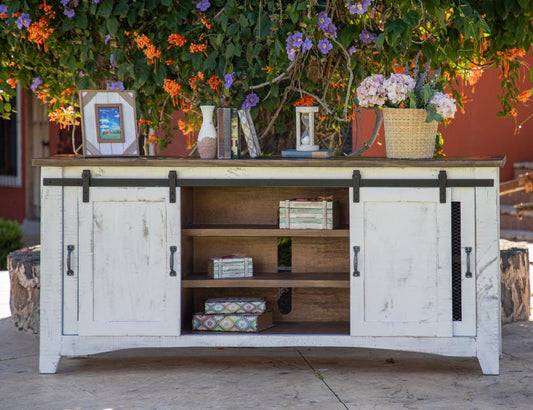 4 Door 80" TV Stand - Pueblo White Solid Pine Wood
