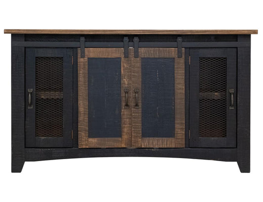 Pueblo Black TV Stand - 2 Sliding Doors, 2 Mesh Doors, Solid Pine