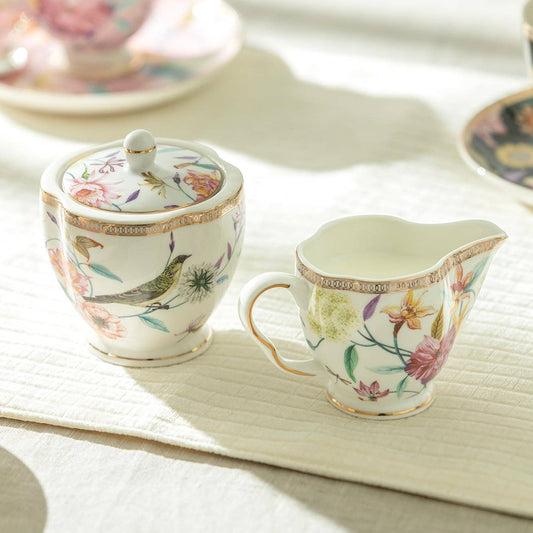 Grace Teaware Spring Flowers Bird Sugar & Creamer