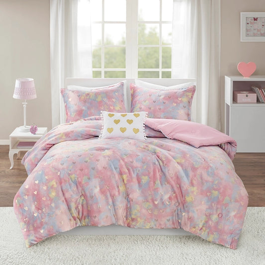 Gold Metallic Printed Plush Comforter Set, Pink