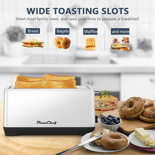 Plum Chef 4-Slice Extra Wide Long Slot Toaster (Silver, 1350W) - Stainless Steel, Removable Crumb Tray, 6 Browning Settings & Bagel/Defrost/Reheat Functions