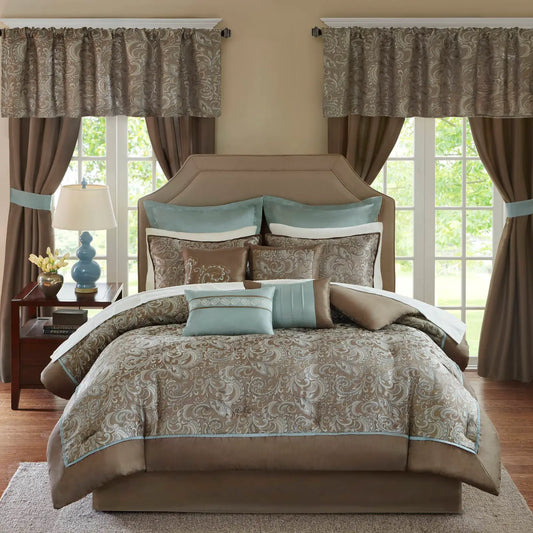 Wholesale 24-Piece Traditional Paisley Room-in-a-bag Set, Blue/Taupe