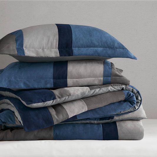 Fluffy Striped Pieced Faux Suede Comforter Set, Blue