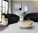 Doma Round Contemporary Metal Coffee Table with Glass Top and Brushed Gold Finish for Modern Spaces
