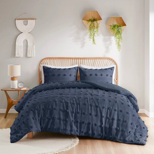 Clip Jacquard Pompoms Comforter/Duvet Cover Set, Navy