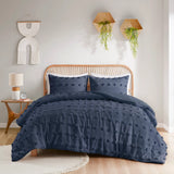 Clip Jacquard Pompoms Comforter/Duvet Cover Set, Navy