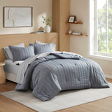 Woven Striped Pleated Comforter Set, Blue/Grey