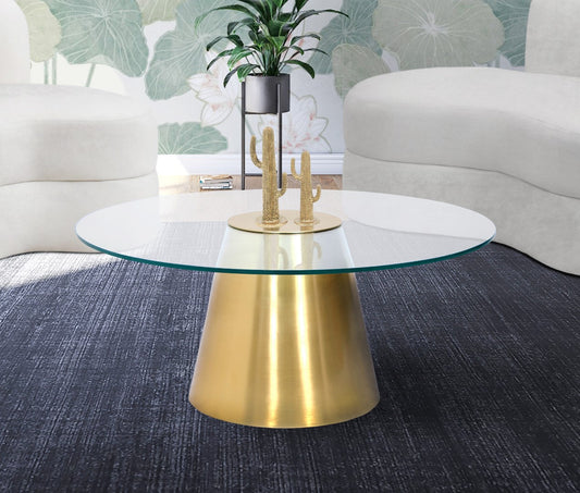 Glassimo Brushed Gold Contemporary Coffee Table with Elegant Glass Top – Chic Home Accent Piece