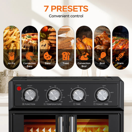 PlumChef 29.5QT Large capacity French Double-Door Air Fryer Convection Toaster Oven, 1700W, 7 Preset Menus, 7-in-1 Multi-Function for Bake, Roast, Grill, Toast, Dehydrate & Defrost, Stainless Steel,Black