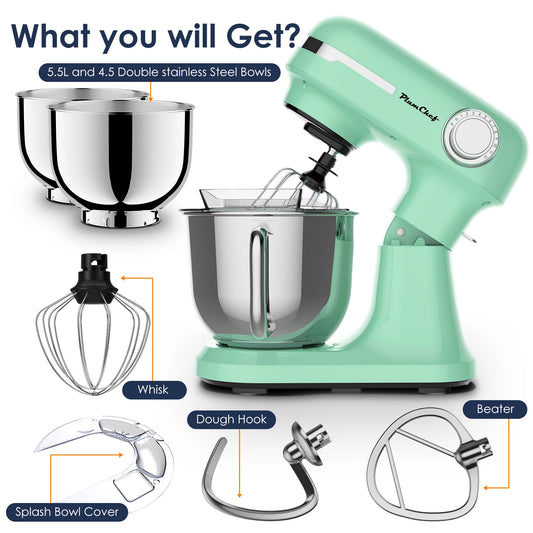 Plum Chef 5.5QT & 4.5QT Dual Bowls Stand Mixer, 12-Speed Tilt-Head Food Mixer for 4 to 6 family, Dough Mixer with Stainless Steel Bowls, Dough Hook, Flat Beater, Whisk included, Light Blue