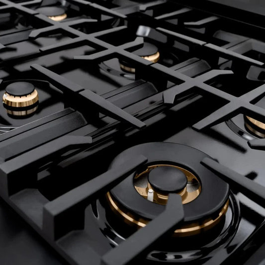 ZLINE 36" Dual Fuel Range, Gas Cooktop, Electric Convection Oven Black Stainless Steel, Gold CDRBZ-36-G