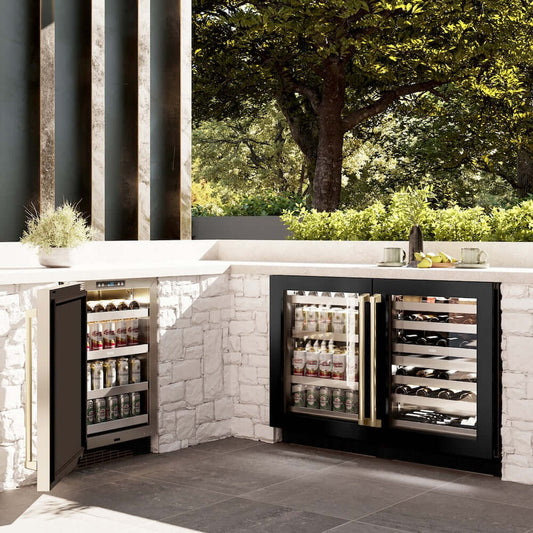 ZLINE 24" Touchstone 151 Can Beverage Fridge Black Stainless Steel Glass Door Champagne Bronze Handle RBSOZ-BS-24-CB