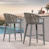 PURPLE LEAF Patio Bar Stools Set of 2 Outdoor Wicker Modern High Bar Chairs Metal Cushioned Barstools with Backs and Ergonomic Armrest