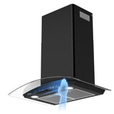 CIARRA 30 Inch Black Glass Wall Mount Range Hood, 650 CFM 3-Speed Extraction, Wave & Touch Control Kitchen Hood CAB75502-N-OW