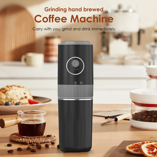 Plum Chef Portable Electric Coffee Grinder and Hand Brew Coffee Maker, 4 in 1 Wireless Travel Coffee Machine with 1500mAh Battery, Adjustable Burr Grinder, 320ml Stainless Steel Cup, for Travel Camping Home Office, Black