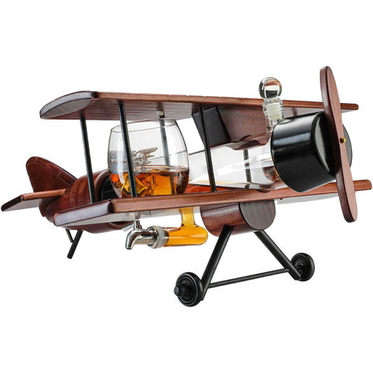 (EU ONLY) Whiskey-Dekanter-Set und Gläser, antikes Holz-Flugzeug