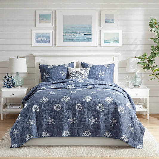 Coastal Seaside Beach House Quilt Set, Blue