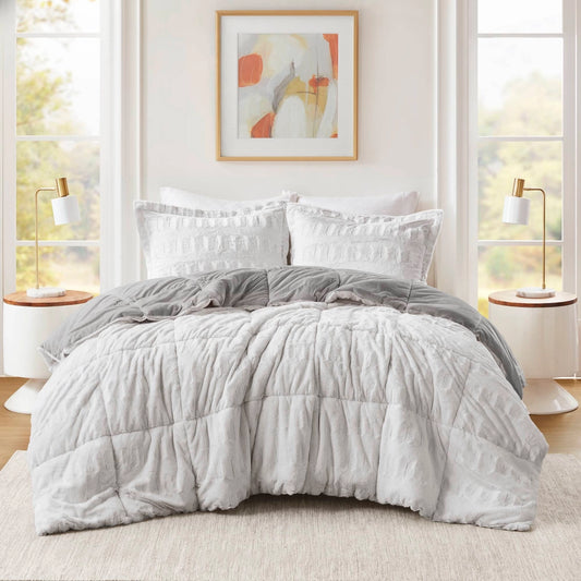 Long Faux Fur Comforter Mini Set, Grey