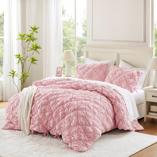 Bowtie Piece Lightweight Puffy Floral Comforter Set, Pink