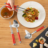 Red Chopsticks & Laguiole Spoons with Ceramic Rests, 4 Pairs