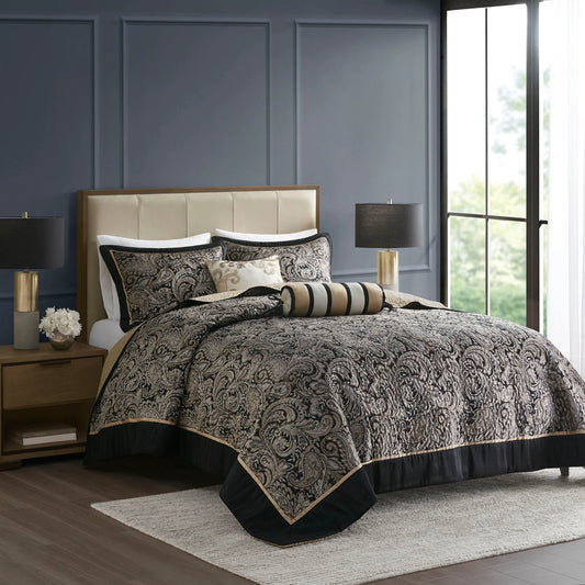 5 Piece Jacquard Bedspread Set with Throw Pillows, Black