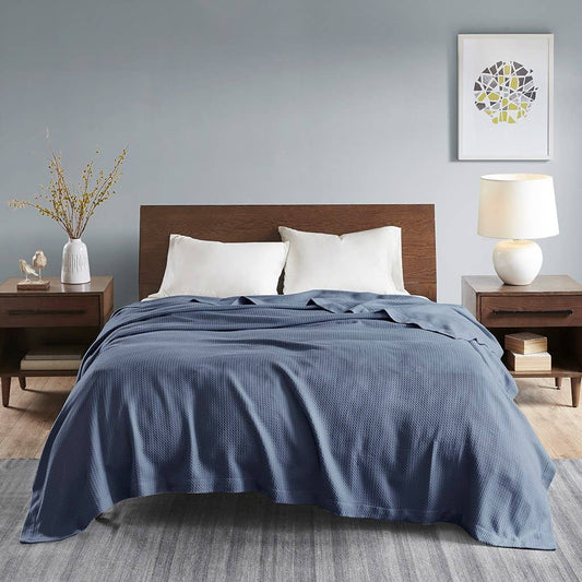 All-Season Egyptian Cotton Woven Bedding Blanket, Navy Blue